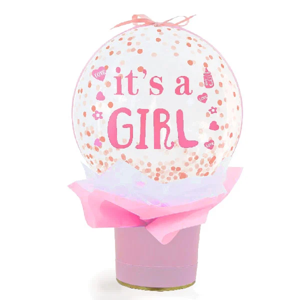 It's a Girl Confetti Bubble Balloon in decorative gift box for newborn baby girl celebration and hospital delivery in Sunway and Klang Valley by Giftlab Malaysia.