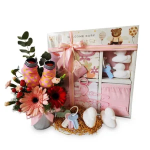 Welcome Baby Baby Clothes Gift Hamper featuring a 12pc baby clothing set, flowers, baby socks, rattle and newborn essentials. Giftlab Delivery in Malaysia