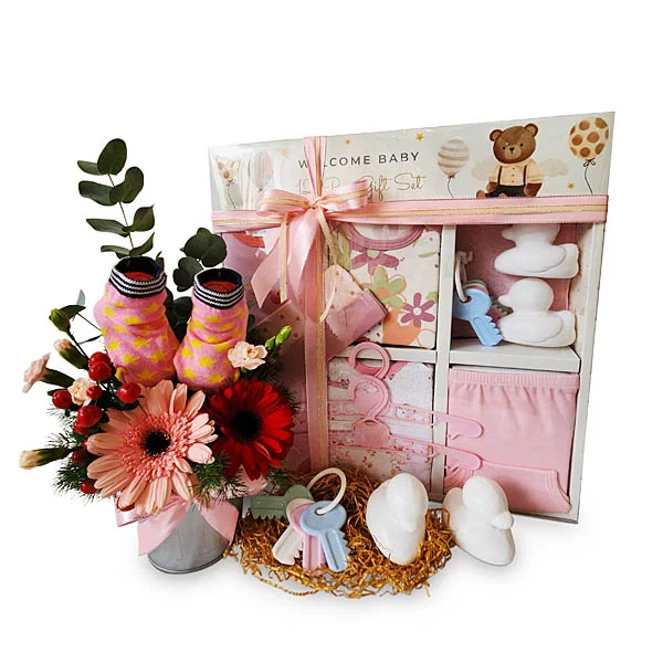 Welcome Baby Baby Clothes Gift Hamper featuring a 12pc baby clothing set, flowers, baby socks, rattle and newborn essentials. Giftlab Delivery in Malaysia