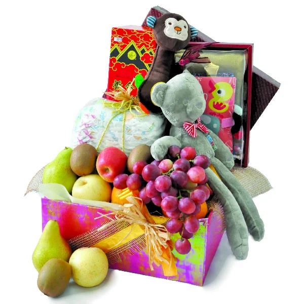 Little Explorer baby activity playbook gift hamper with fruits, Yomeishu tonic, diapers, teddy bear and newborn developmental toys.