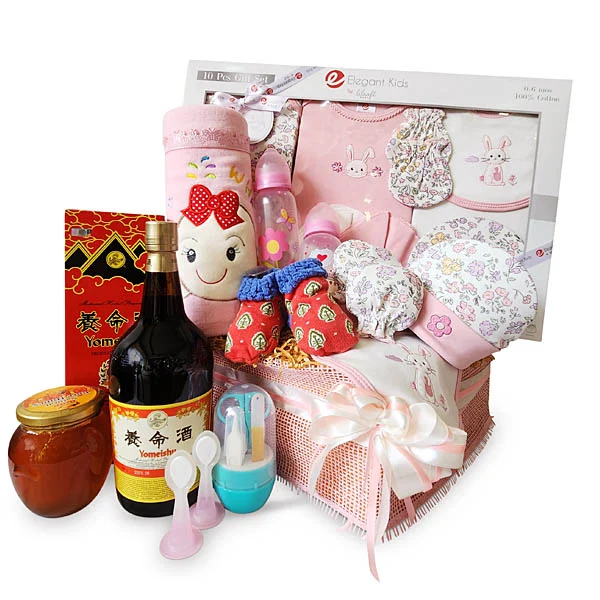 Mother and baby wellness gift hamper with Yomeishu Health Tonic, baby clothing set, fleece blanket, bottles, honey and newborn essentials.