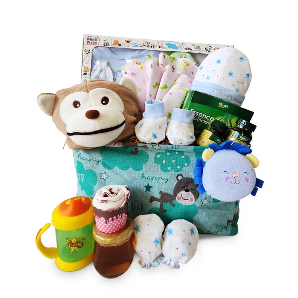 Dashing Bebe Premium Baby Shower Gift Hamper with baby clothing set, tote bag, Brand's Essence of Chicken, baby cup and newborn essentials.