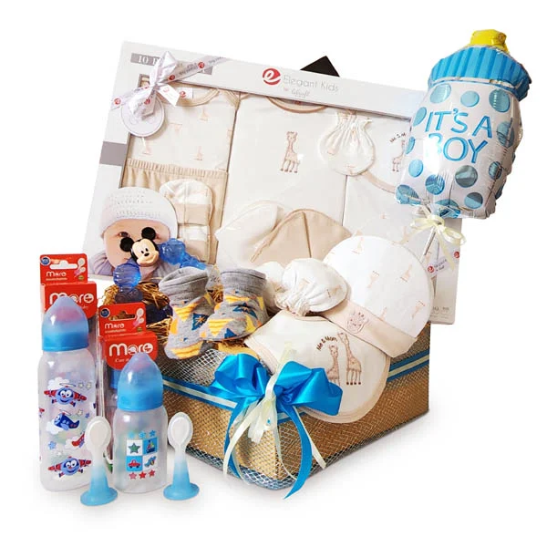 Elegant Babies Premium Newborn Baby Gift Hamper with baby clothing set, feeding bottle, Disney baby accessories, flowers and It's A Boy balloon.