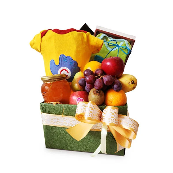 Newborn baby gift hamper with Carter's baby bodysuit, fresh fruits, pure natural honey and baby essentials.