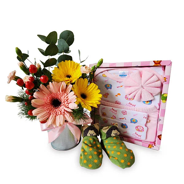 Newborn baby clothes gift hamper with Babyland clothing set, baby socks and fresh flowers for new baby congratulations.