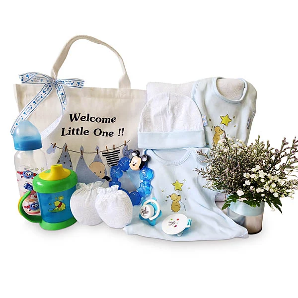 Welcome Little One newborn baby gift tote hamper with baby clothing set, Disney baby accessories, feeding bottle, pacifier and fresh flowers.