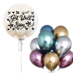 Get Well Bubble Helium Balloon Bouquet featuring a 24 inch transparent bubble balloon and eight metallic helium balloons for speedy recovery and hospital visits delivery in Klang Valley by Giftlab Malaysia.