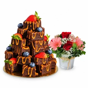 Sourdough dark chocolate brownies with salted caramel tower cake with flowers.