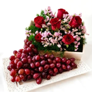 Blushing Vineyard Grapes with Roses in Porcelain Tray Gift PJ