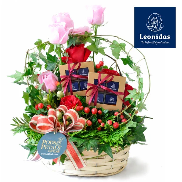 Leonidas Belgian Chocolate and Red Pink Roses Gift Basket Delivery Malaysia