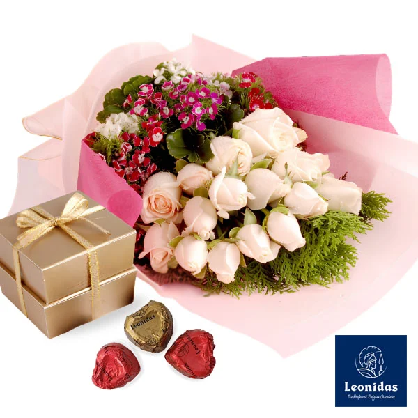Leonidas Heart Chocolates with Blush Roses Bouquet Malaysia