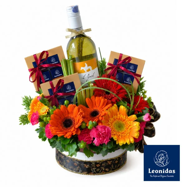 Leonidas Belgian Chocolate Wine and Flowers Gift Basket Malaysia