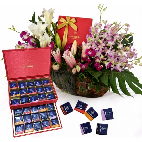 Leonidas Luxury Belgian Chocolates with Orchid and Lily Flower Basket Malaysia