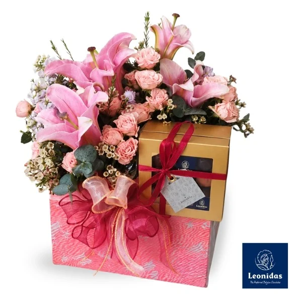 Leonidas Belgian Chocolates with Stargazer Lilies and Spray Roses Gift Malaysia