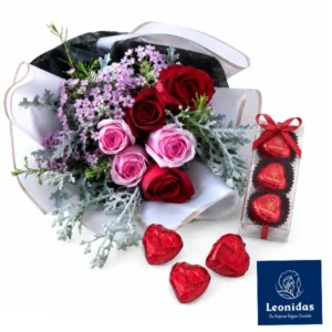 Leonidas Heart Chocolates with Red and Pink Roses Bouquet Malaysia
