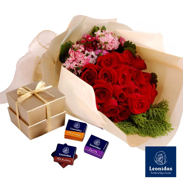 Leonidas Belgian Chocolates with Premium Red Rose Bouquet Gift Malaysia