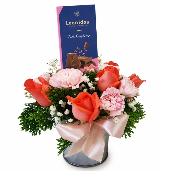 Leonidas Belgian Chocolate Tablet with Roses and Carnations Gift Arrangement. Delivery within Malaysia.