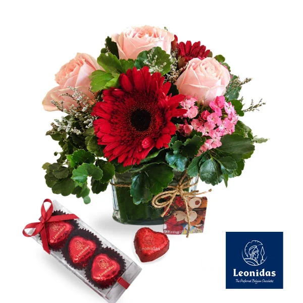 Leonidas Belgian Heart Chocolates with Pink Roses and Red Gerbera Flower Arrangement Malaysia