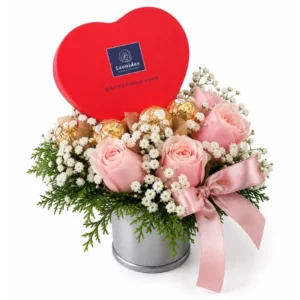 Leonidas Heart Chocolate Gift with Pink Roses and Ferrero Rocher Arrangement