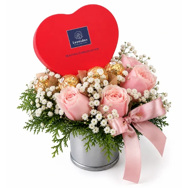 Leonidas Heart Chocolate Gift with Pink Roses and Ferrero Rocher Arrangement