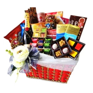 Premium Deepavali champagne gift hamper - Moët & Chandon, Royce chocolates, Godiva chocolates and gourmet treats.