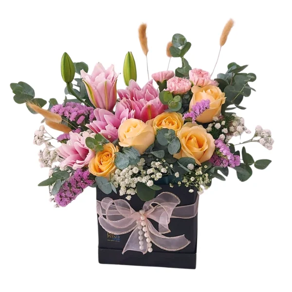 Peach Blossom Garden of Lilies and Roses Gift Box for birthdays, thank you gift, congratulations and special occasions in Malaysia.