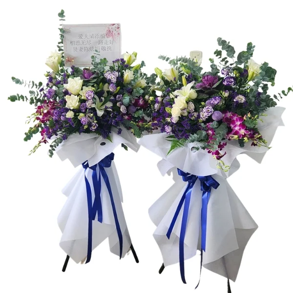 Purple Tribute Grand Condolence Flower Stand for funeral & memorial services. Delivery in Kuala Lumpur, Petaling Jaya, Nirvana.