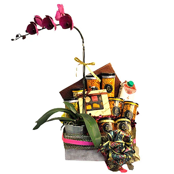 Valai Deepavali vegetarian gourmet hamper with live Phalaenopsis Orchid, Indian sweets, savouries and dried fruits