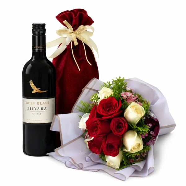 Wolf Blass Shiraz wine gift paired with roses. An elegant gift for birthdays, anniversaries, congratulations and romantic occasions in Malaysia. Same day delivery to KL, PJ, Damansara & Selangor.
