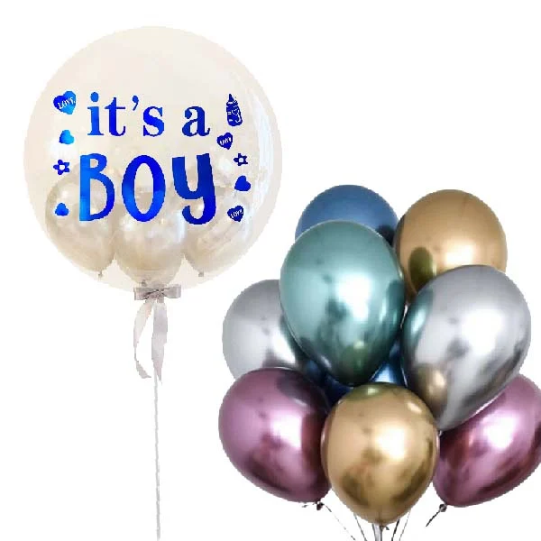 It's a Boy Bubble Helium Balloon Bouquet featuring a giant 24-inch transparent bubble balloon with metallic helium balloons for newborn baby delivery in Subang Jaya and Klang Valley by Giftlab Malaysia.