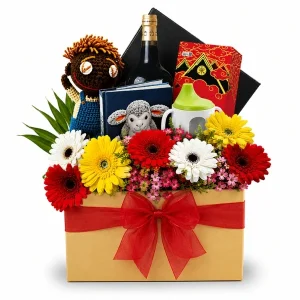 Baby Playbook Premium Newborn Baby Congratulations Hamper with activity soft playbook, knitted doll, Yomeishu tonic, baby training beaker and fresh Gerbera flowers.