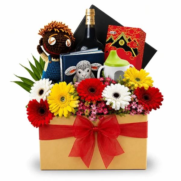 Baby Playbook Premium Newborn Baby Congratulations Hamper with activity soft playbook, knitted doll, Yomeishu tonic, baby training beaker and fresh Gerbera flowers.
