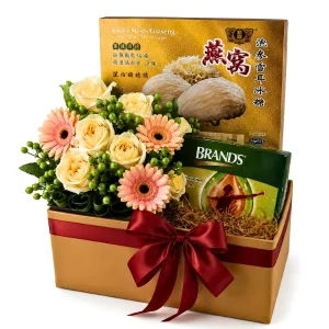 Birdnest Beauty Bird's Nest and Brand's Essence of Chicken get well gift hamper with fresh flowers for recovery gift delivery in Malaysia.