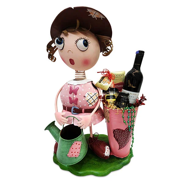 Garden Broager wine and chocolate gift hamper - Wolf Blass Cabernet Sauvignon, Godiva chocolate, honey, scented candle and decorative metal garden sculpture by Giftlab Malaysia