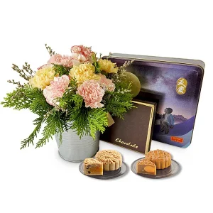Chocolaty Lunar Royce Hokkaido chocolates, Yu Ai Halal mooncakes and pink carnation flower gift for Mid-Autumn Festival Malaysia