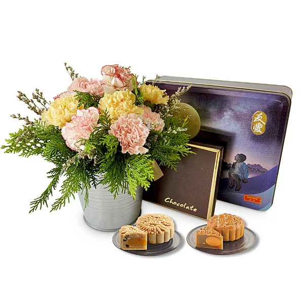 Chocolaty Lunar Royce Hokkaido chocolates, Yu Ai Halal mooncakes and pink carnation flower gift for Mid-Autumn Festival Malaysia
