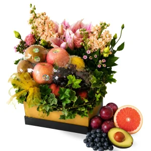 Premium Fruits & Flowers Gift Hamper with seasonal fresh fruits, pink lilies and fresh flowers by Giftlab Malaysia