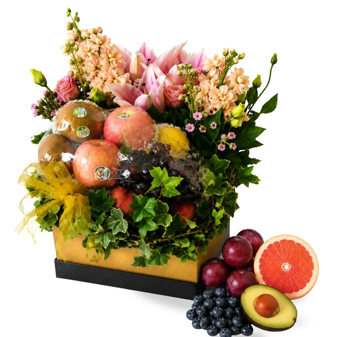 Premium Fruits & Flowers Gift Hamper with seasonal fresh fruits, pink lilies and fresh flowers by Giftlab Malaysia