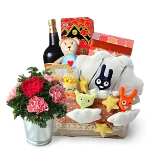 Dianthus Baby Mobile newborn baby gift hamper with baby hanging mobile, Yomeishu health tonic, teddy bear and flowers.