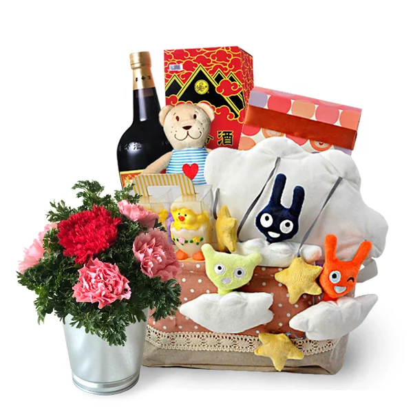 Dianthus Baby Mobile newborn baby gift hamper with baby hanging mobile, Yomeishu health tonic, teddy bear and flowers.