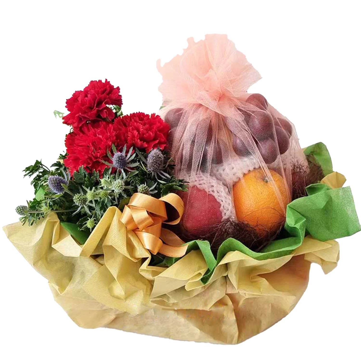 Fruitasia fruit basket with fresh carnations flowers and five varieties of premium fruits by Giftlab Malaysia