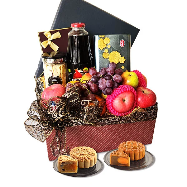 Fruitily Lunar mooncake and fruit hamper with Royce chocolates, Yu Ai Halal mooncakes, pomegranate juice and fresh seasonal fruits by Giftlab Malaysia