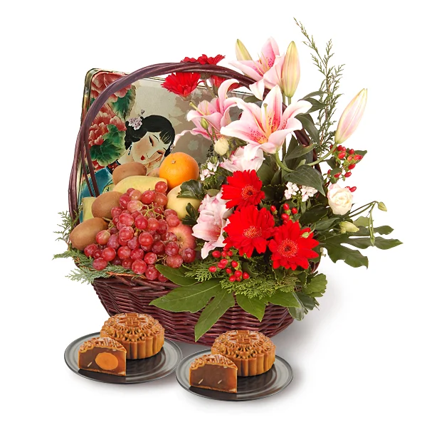 Fruity Feast mooncake fruit and flower basket with Yu Ai Halal mooncakes, fresh fruits, Stargazer lilies and Gerberas by Giftlab Malaysia