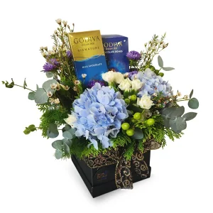 Godiva Hydrangea Elegance featuring Godiva Roasted Almond Chocolate, Godiva Dome Crispy Hazelnut and imported blue Hydrangea flowers by Giftlab Malaysia