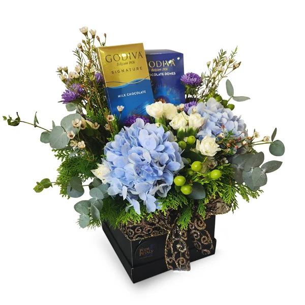 Godiva Hydrangea Elegance featuring Godiva Roasted Almond Chocolate, Godiva Dome Crispy Hazelnut and imported blue Hydrangea flowers by Giftlab Malaysia