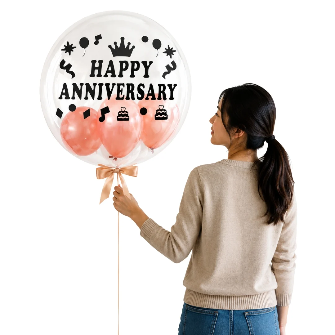 Happy Anniversary Globe Balloon with colourful mini balloons for anniversary celebrations in Kuala Lumpur and Klang Valley by Giftlab Malaysia.