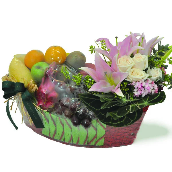 Harvest Blooms Fresh Fruits & Flowers Basket with Lilies, Roses and premium seasonal fruits by Giftlab Malaysia