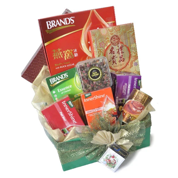 Premium wellness hamper with Bird's Nest, BRAND'S Essence of Chicken, InnerShine, Japanese scallops, abalone and rosebud tea.