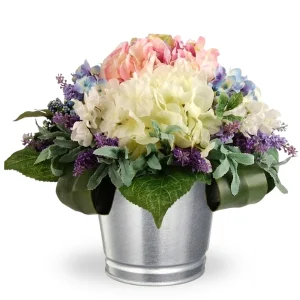 Hydrangea Bloom flower arrangement with white and pink hydrangeas and purple orchids