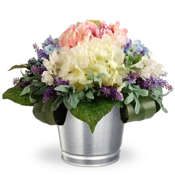 Hydrangea Bloom flower arrangement with white and pink hydrangeas and purple orchids